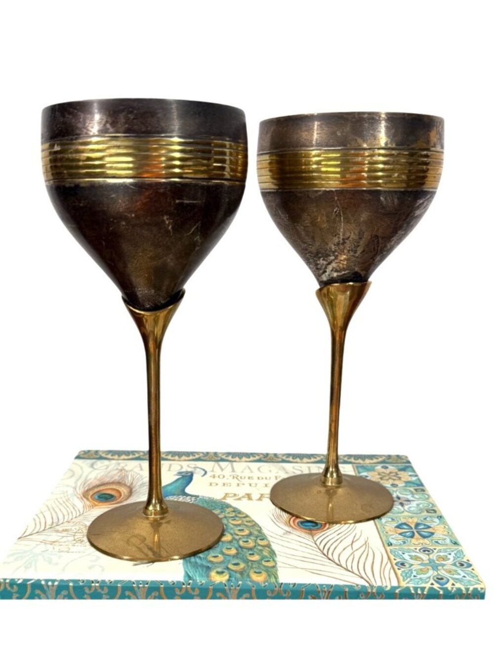 Vintage Brass & Silver Wine Goblets Chalices Set of 2 Made in India